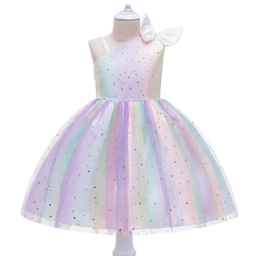 Fluffy Star Sequin Slant Shoulder Girls Dress Elegant Princess Party Wedding Bridesmaid Gown Birthday Girl Clothes Summer Dresse