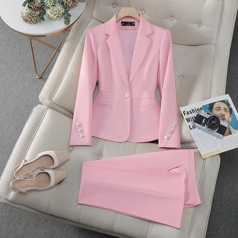 Fashion Ladies Pant Suit Women Pink Black White Blazers Female Business Work Wear Jacket Blazer and Trouser Formal 2 Piece Set