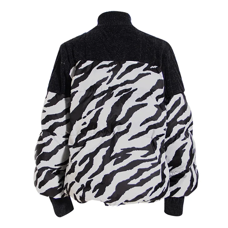 Jaqueta acolchoada de algodão com listras zebra feminina, gola alta exclusiva, casaco com zíper, cor contrastante, tops de manga comprida, nova chegada, em estoque