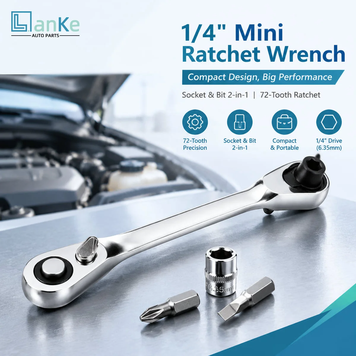 LANKE Mini 1/4 Inch Ratchet Screwdriver Wrench 72-Tooth Dual-Head Socket Bit Tool 6.35mm CR-V Steel For DIY Repair