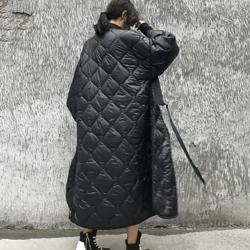 Dark Style Winter New Japanese Bound Nightgown V-neck Diamond Grid Loose Oversized Long Cotton Coat Cotton Jacket for Women