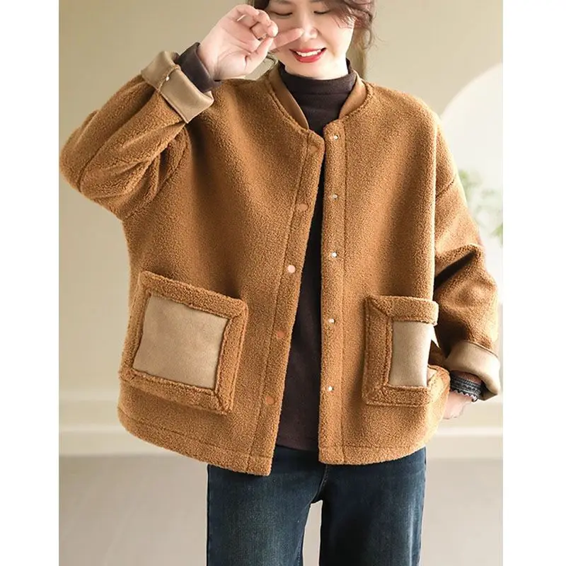 Xiaoxiangfeng Autumn and Winter New Loose Lamb Fur Short Coat Women\'s Thick Fur Integrated Baseball Collar Fur Top