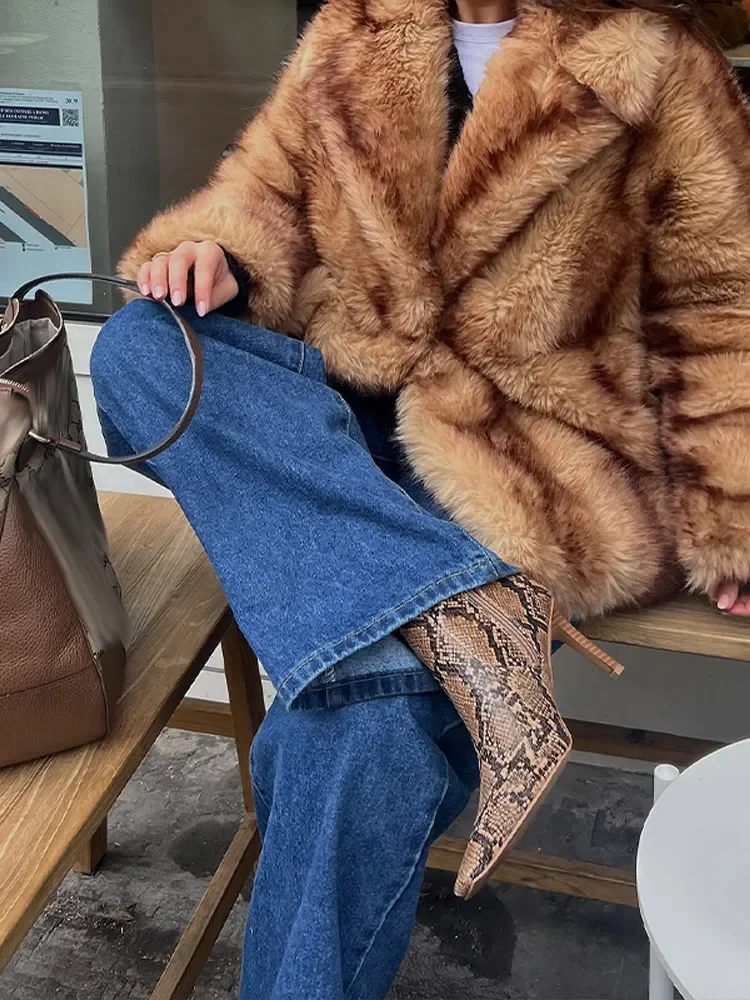 Retro pele do falso lapela engrossar casaco feminino casual impresso pelúcia único botão casacos feminino 2025 inverno clássico chique rua outwear