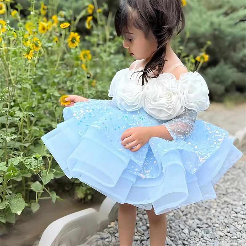 فساتين الأميرة تول مطرزة بالخرز على شكل زهرة فتاة فساتين المناولة الأولى هدية عيد الميلاد وحفلات الزفاف وأعياد الميلاد #2