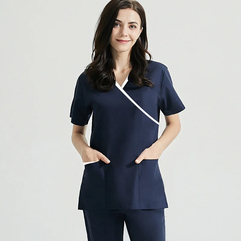 Solid Women Short Sleeved Pharmacy Nurse Uniform Hospital Doctor Workwear Oral Dental Surgery Uniforms Medical Scrubs Sets