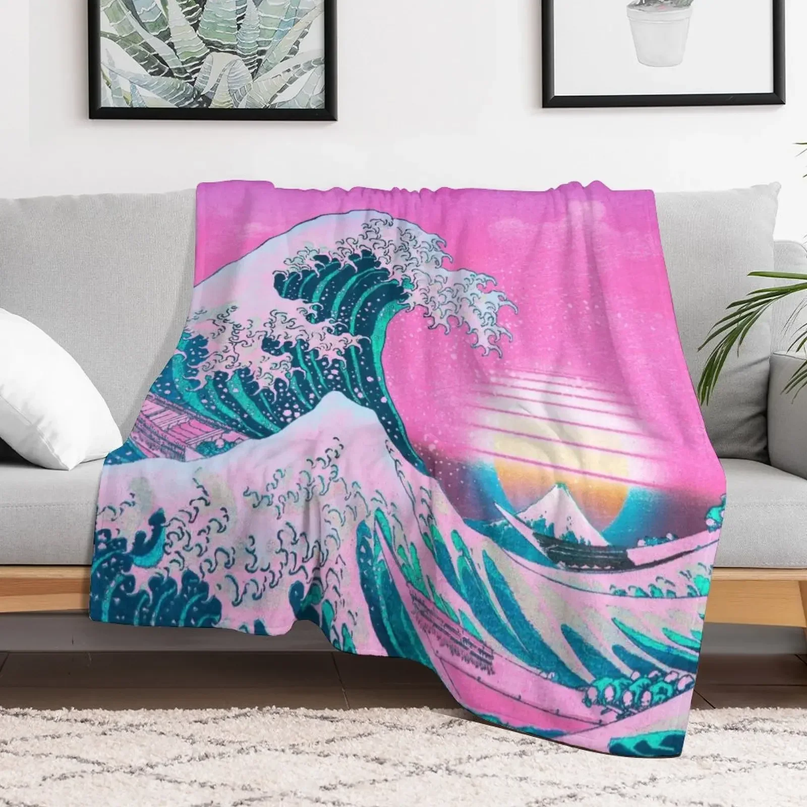 

Vaporwave Aesthetic Great Wave Off Kanagawa Retro Sunset Throw Blanket Soft Plaid Decorative Sofas Sofa Throw Blankets