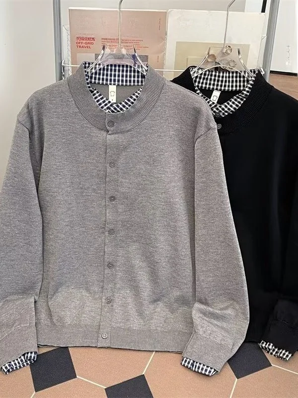 

Casual Loose Long Sve Knitted Cardigan irt Plaid Splicing Fake Two-Piece Spring Autumn Men's Polyester Fiber round Ne ...