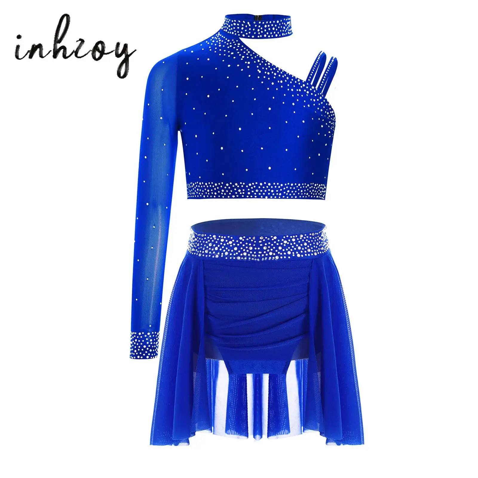 

Kids Girls Dance Outfit for Gymnastics Figure Skating Jazz Performance One Shoulder Sparkly Rhinestones Crop Top with Skirt