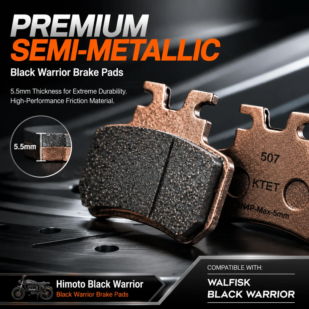 Black Warrior Brake Pads Semi-Metallic Precision Control for Himoto OWAYEBIKE WALFISK EKXBike KTET