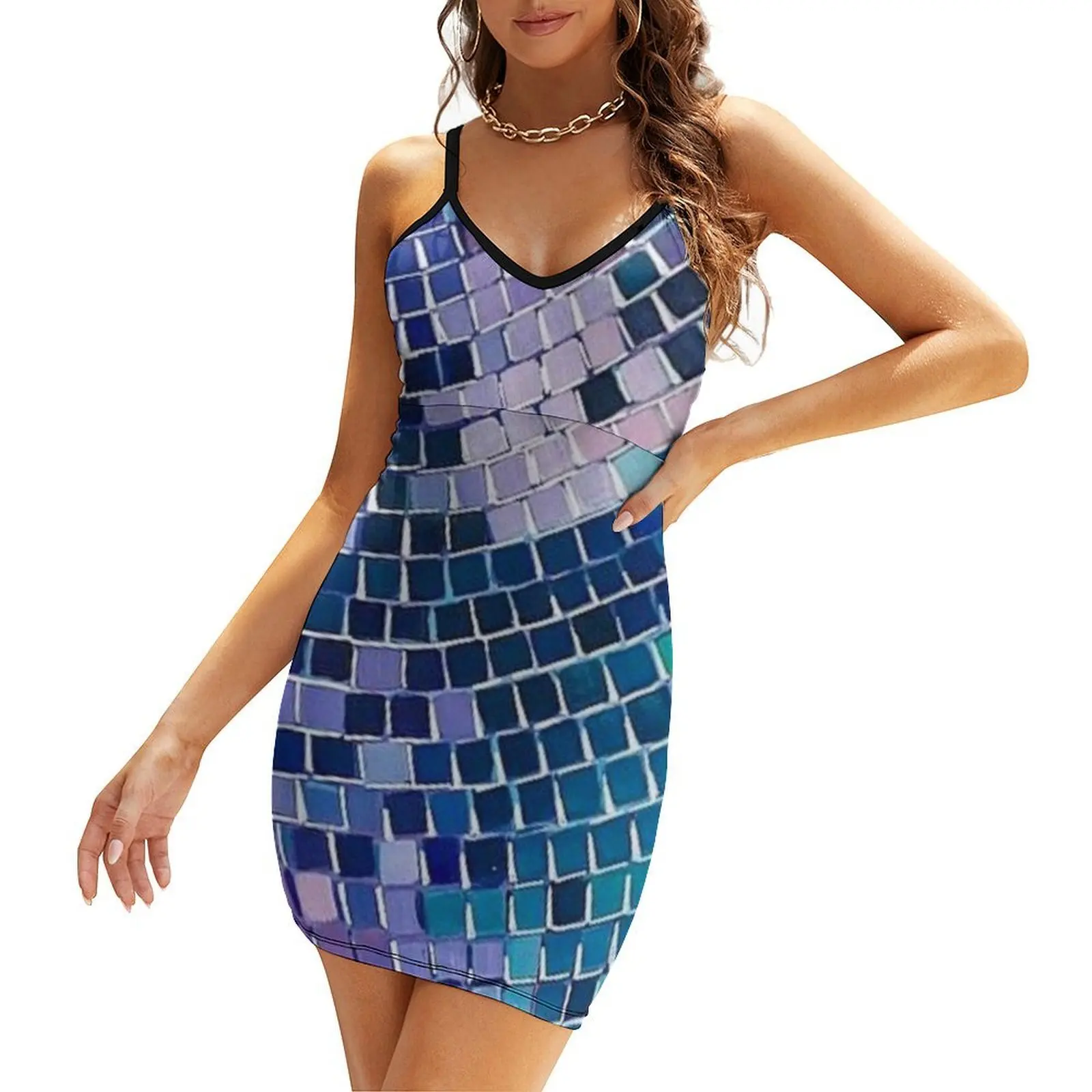 

Real Disco ball blue disco fever boogie dance 70s club disco party checkered Sling Dress Woman fashion dresses for women 2025