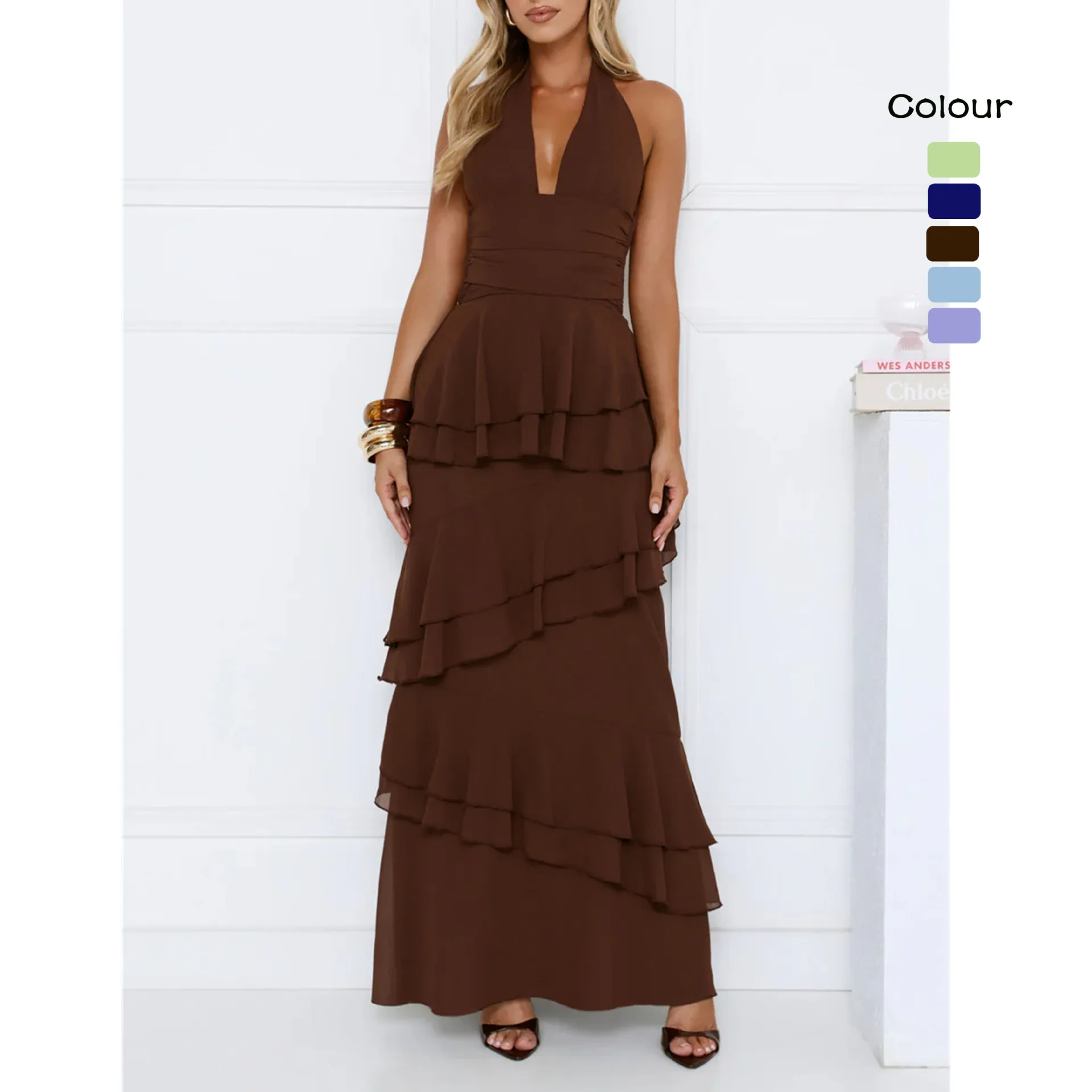 

26 Spring/summer Cake Layered Mid-length Elegant V-neck Sleeveless Strap Dress 96022 Wedding Dress Femme Beach Y2k、 Midi