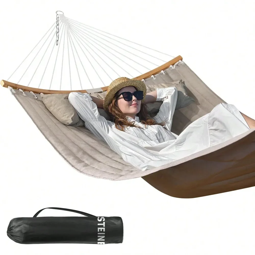 

Hammock, 11 FT Quilted Fabric 2 Person Hammock For Outside With Pillow, Folding Curved Spreader Bar, Chains, Carrying Bag, Indo