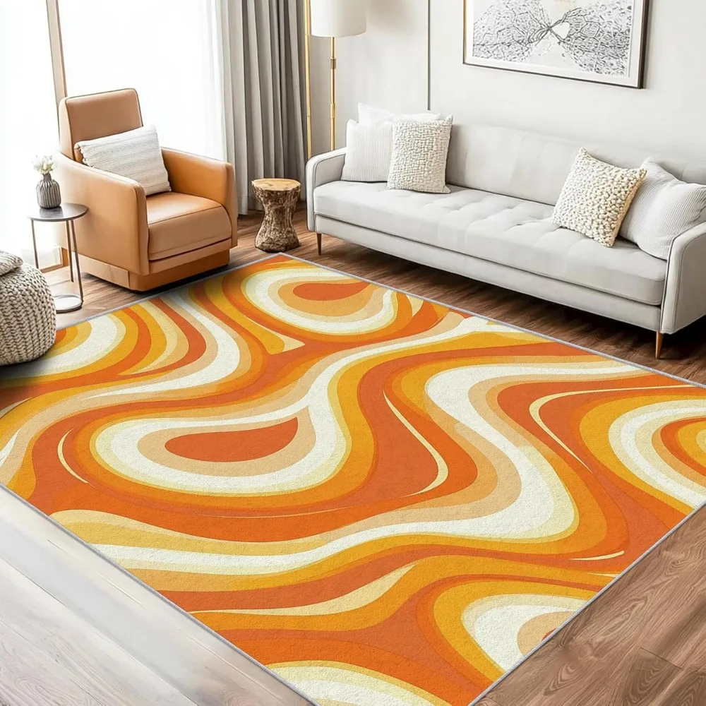 

Моющийся ковер 8x10, винтажный стиль, стиль 70-х годов для гостиных и спален, мягкий нескользящий коврик большой площади, волнистый абстрактный дизайн