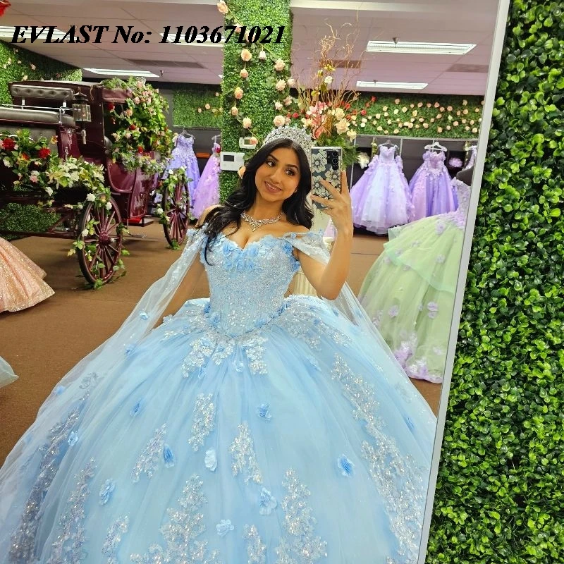 EVLAST Customized Shiny Blue Quinceanera Dress Ball Gown 3D Floral Applique Beaded Cape Sweet 16 Vestidos De XV 15 Anos SQ124