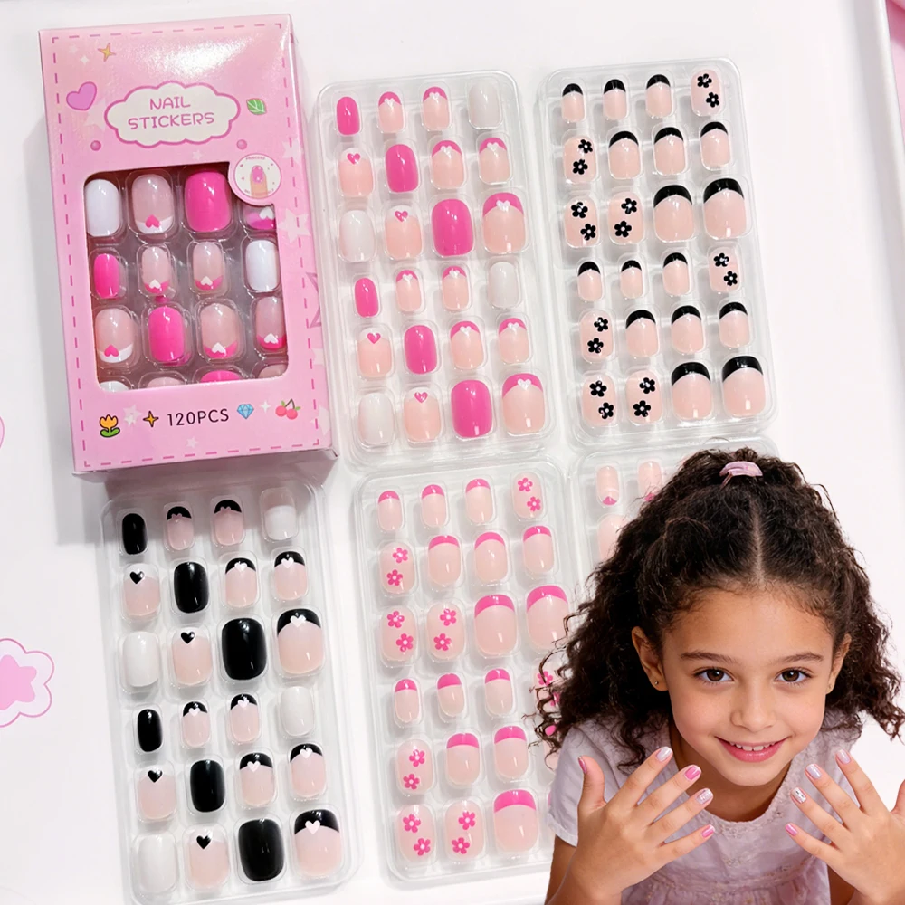 

120 шт. детских коротких овальных накладных ногтей с милым дизайном в виде цветов, сердечек и любви, полное покрытие, простые детские накладные ногти-пэччи # *-