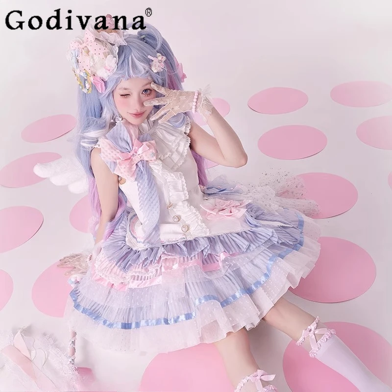 طقم تنورة لوليتا للسيدات قميص أبيض عالي الخصر تنورة قصيرة على شكل حرف A من قطعتين تناسب ملابس تنورة الأميرة اليابانية النسائية