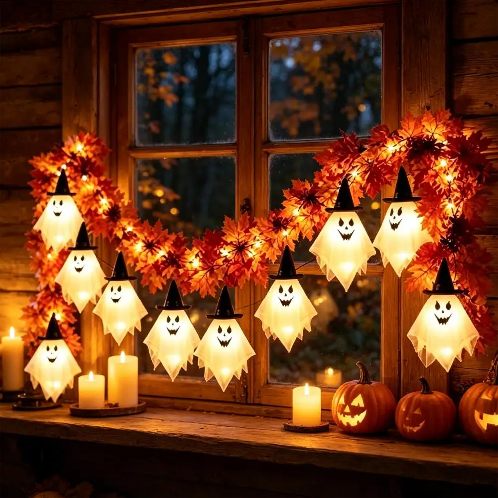 Indoor Outdoor Hanging Decorations Spooky Holiday Home Ornament 70 Inch Halloween Ghost Garland Spooky Led Maple Leaf for Party