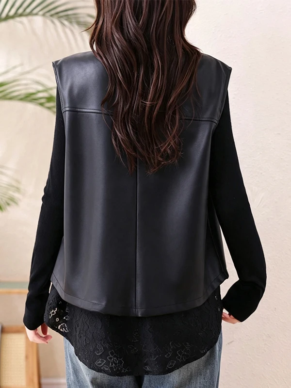 Authentic Lace Patchwork PU Leather Vest Women's Fashion Top 2026 Inner Wear Regular Length Polyester Fiber 100%