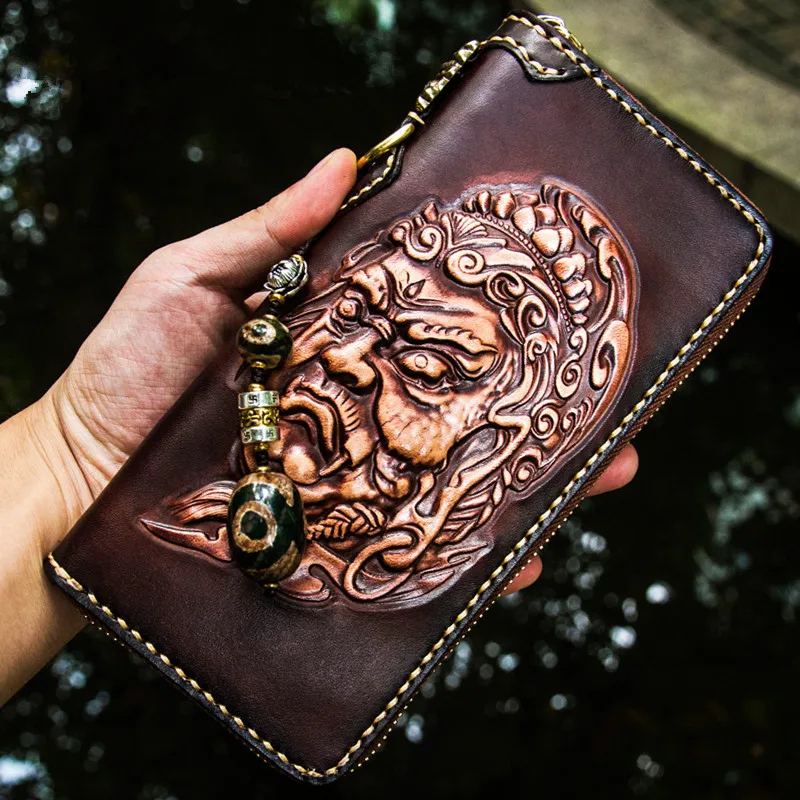 Handmade Wallets Hand Carving Purses Women Men Long Clutch Vegetable Tanned Leather Card Holder Goods In Stock