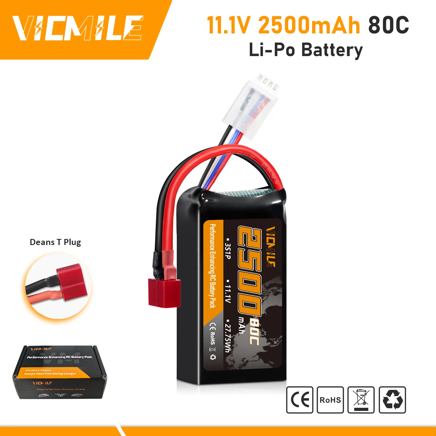 

VICMILE 1-2 шт. 11,1 В 2500 мАч 3S Lipo аккумулятор с Т-образным разъемом Dean для радиоуправляемого самолета FPV квадрокоптера вертолета D RC модели хобби