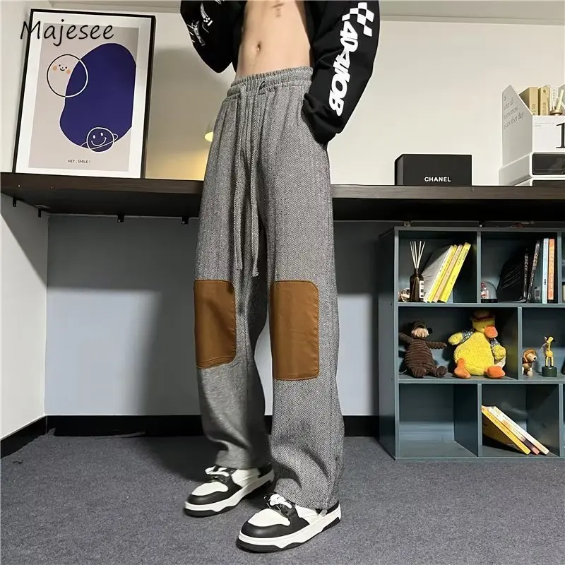 Patchwork Pants Men Autumn Straight Contrast Color Popular Teens Lounge Wear Full Length Korean Style Personality Retro Hipster