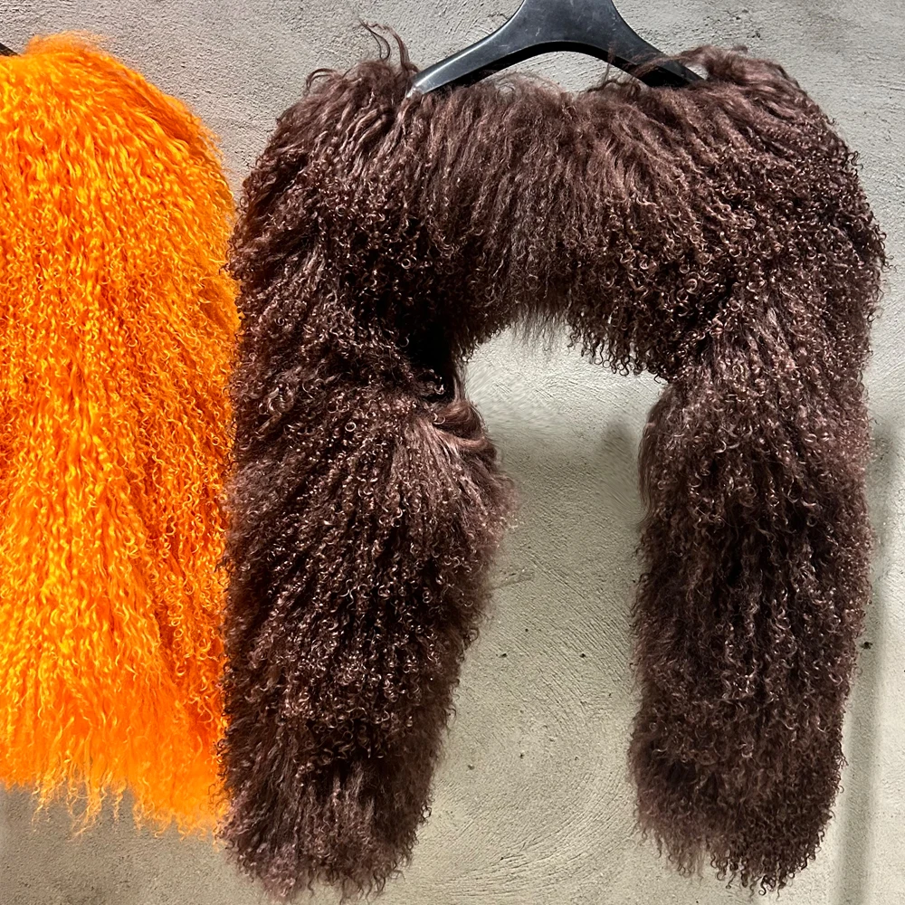 معطف فرو منغولي بني مقصوص من قماش فرو الأغنام الحقيقي 2024 معاطف شتوية قصيرة من فراء المنغوليا