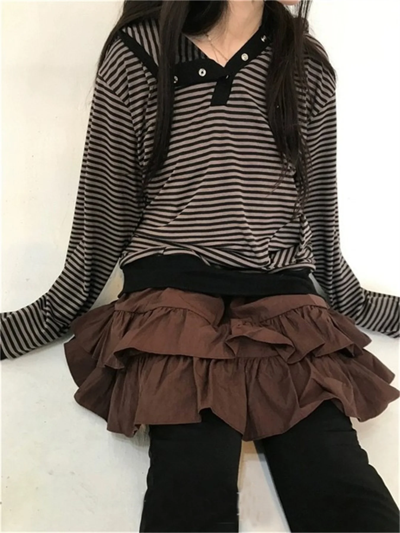 Ins Harajuku style concealed button hooded long sleeved striped top casual women's hooded T-shirt top