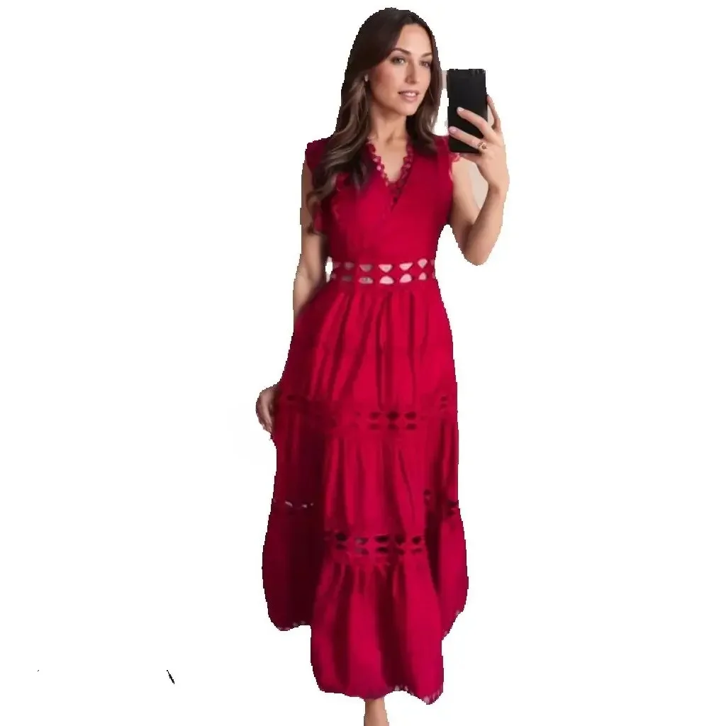

Summer French Hollow Embroidery V-neck Sleeveless Long Dress