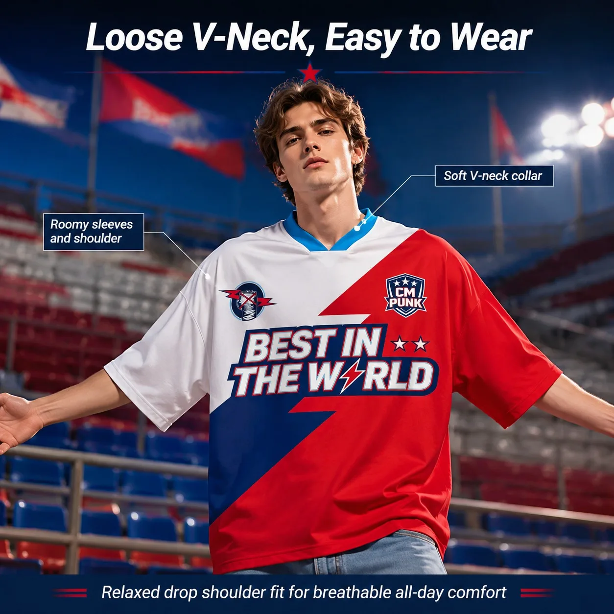 Punk Wrestling Suit Men's Front And Back Red, White, And Blue Printed V-neck Off Shoulder Loose Quick Drying Sports T-shirt