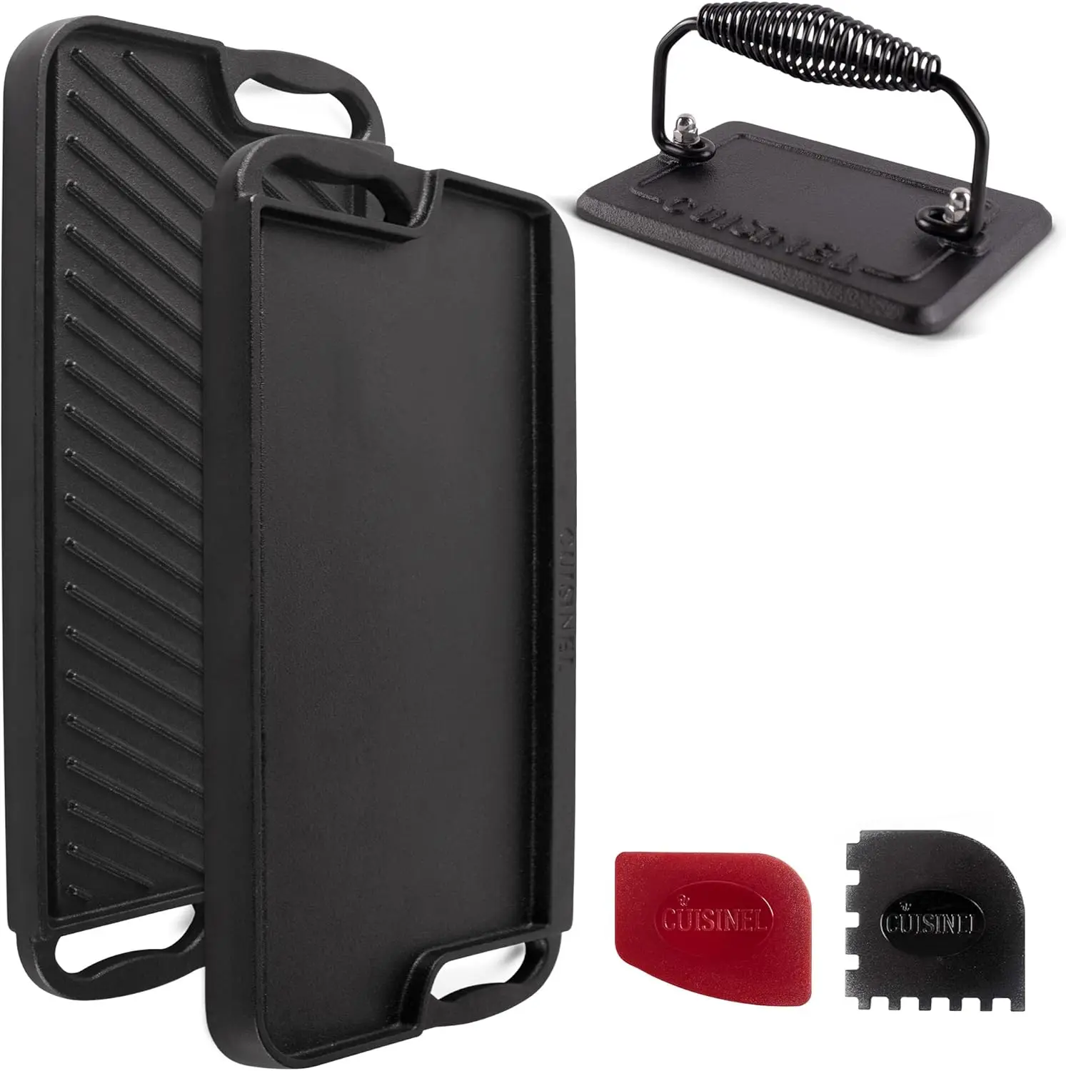 Plancha de Hierro Fundido Reversible de 20x10 Pulgadas con Prensa para Asar - Sartén Plana con Doble Asa para Cocinar en Interiores y Exteriores