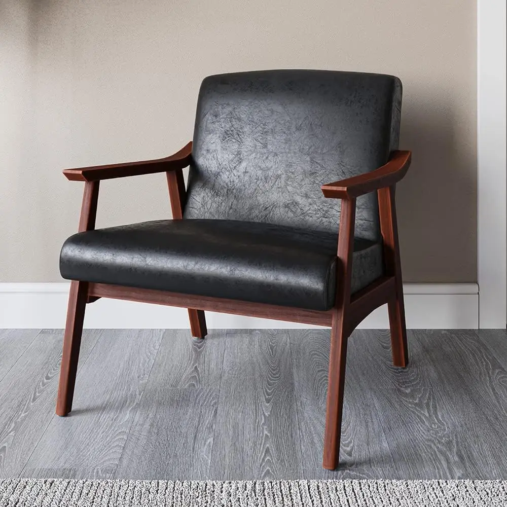 Mid-Century Modern Accent Chairs Set of 2, Upholstered Faux Leather Armchairs with Wooden Frame