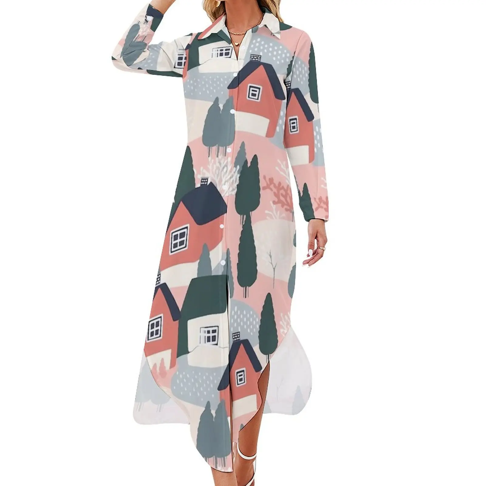 

Cute whimsical minimalistic houses in pink,red, and green Long Sleeved Shirt Dress Long dress woman Elegant gown