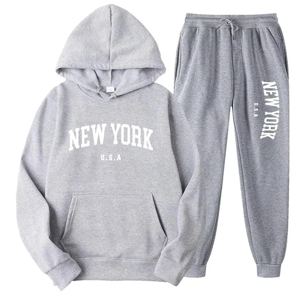 2026 Men New York USA Print Hoodie Jogger 2‑Piece Set, Loose American Street‑Style Casual Long‑Sleeve Autumn Outfit