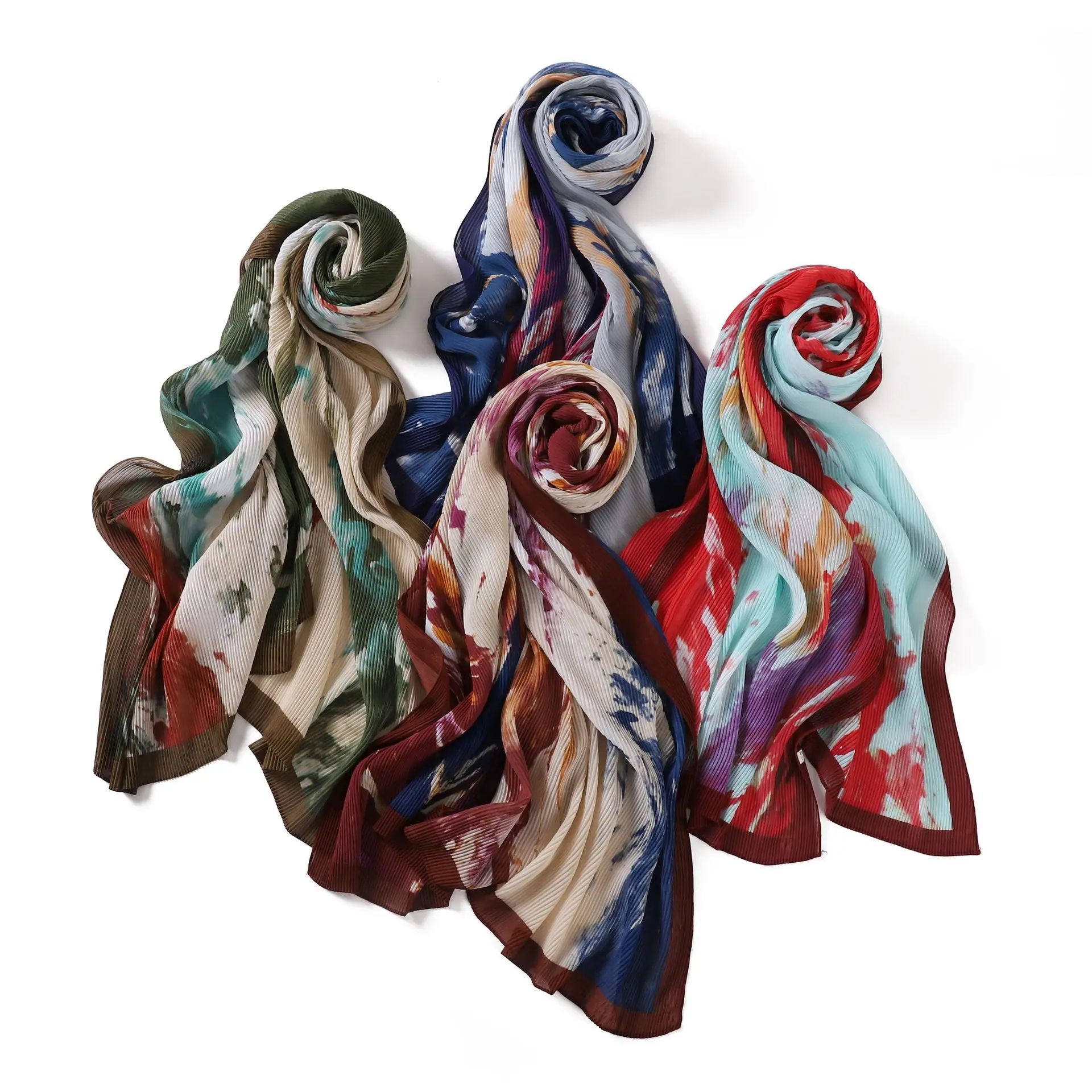 High Quality Popular Soft Breathable Tie-Dye Colorful Small Wrinkled Pleated Chiffon Head Scarf Shawl Hijab