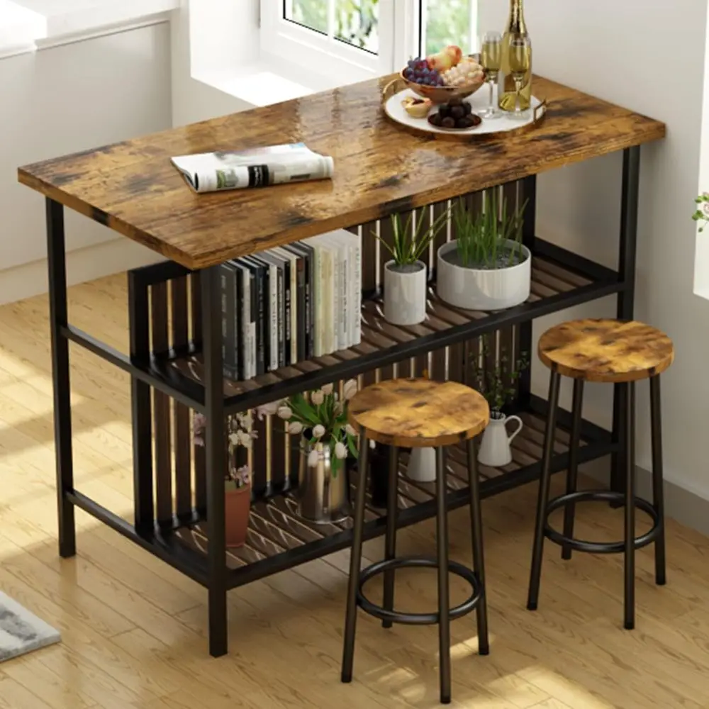 3 Piece Bar Table and Chairs Set, Industrial Bar Table Set or 2 Kitchen Island with Seating,Counter Height Table with Storage Sh