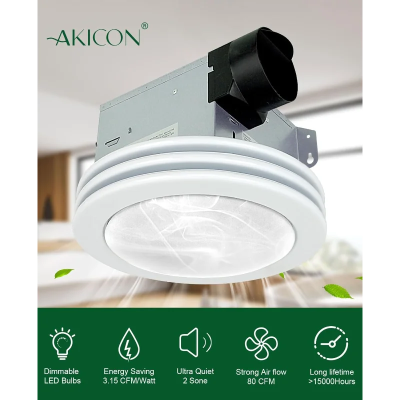 مروحة عادم Akicon مع ضوء، مروحة حمام عادم تهوية 80 CFM 2.0 فائقة الهدوء مع ضوء، 3000K/4000K/5000K