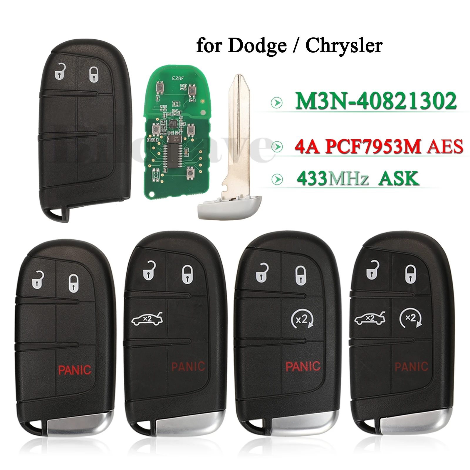 

jingyuqin M3M-40821302 Smart Remote Car Key 433MHz ASK 4A PCF7953M AES Chip for Chrysler 200 300 Dodge Charger Challenger Fob