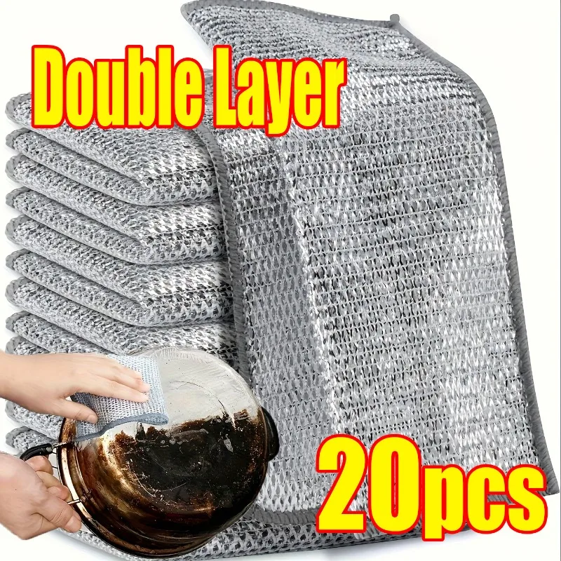 Magic Cleaning Cloth Iron Stick Metal Wipes Rags Magic Dishcloth Wash Towel Silver Steel Wire Kitchen Cloth Thickened Rag 1-20pc