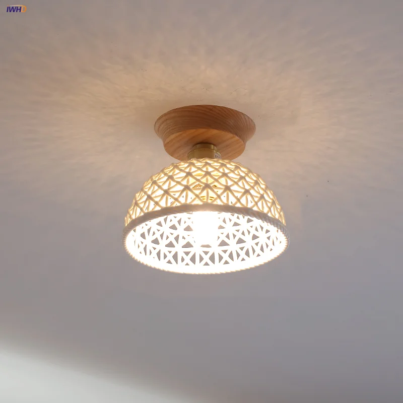 

IWHD White Ceramic LED Ceilng Lamp Corridor Aisle Wood Ash Nordic Modern Home Decor Copper Ceiling Light Fixture Lampara Techo