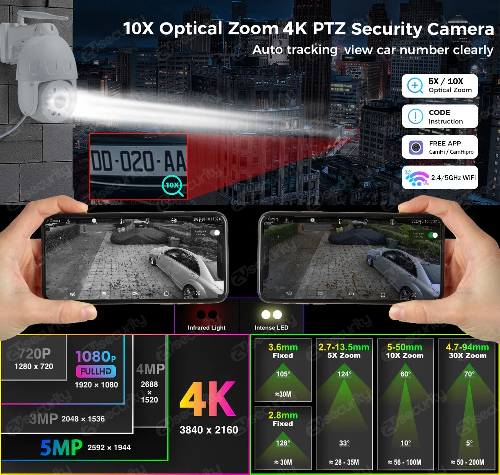 Imagem -02 - Câmera ip 8mp 4k Zoom Óptico 5x 10x Câmera de Vigilância Wi-fi Externa Ptz Rastreamento Automático Câmeras de Segurança Domo Holofote Câmera Cctv Metálica Camhipro Rtsp Ftp Cartão sd Nuvem