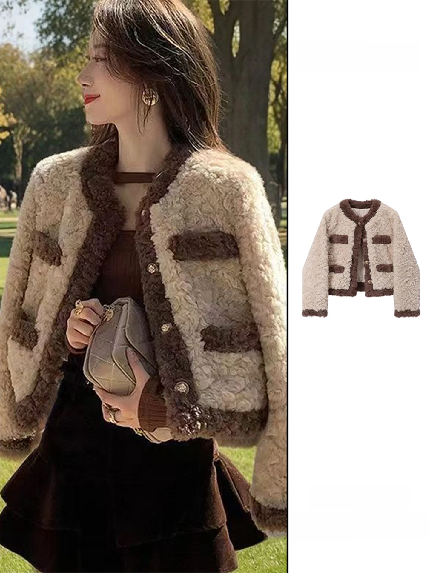 

Женская верхняя одежда с имитацией меха ягненка, круглое пальто на одной пуговице, пушистое, теплое, повседневное, модное, зима 2025