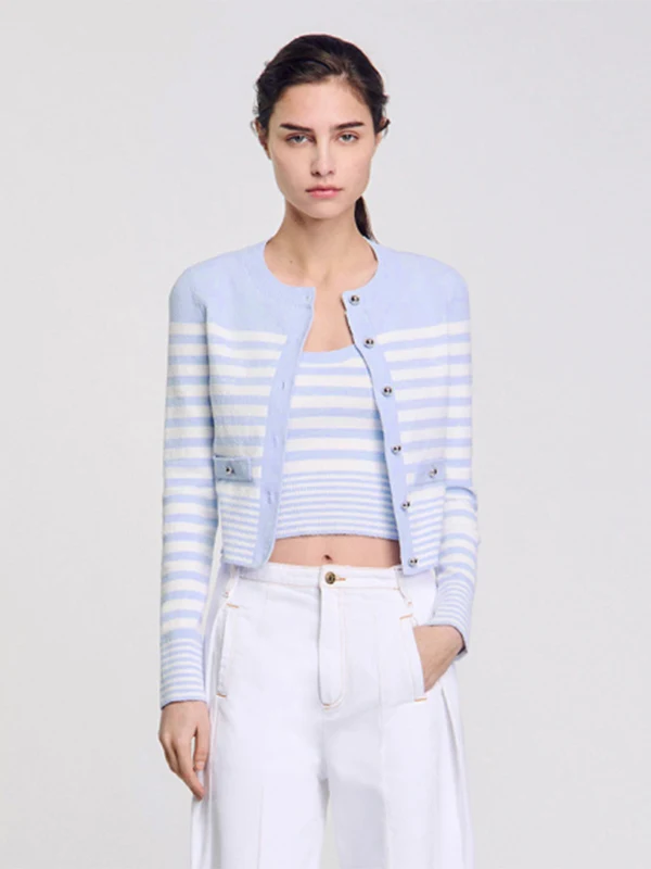 

Новый женский легкий весенне-летний вязаный кардиган MaSandeS в полоску, синий, для повседневной носки, с круглым вырезом, удлиненный рукав, стандартный крой...