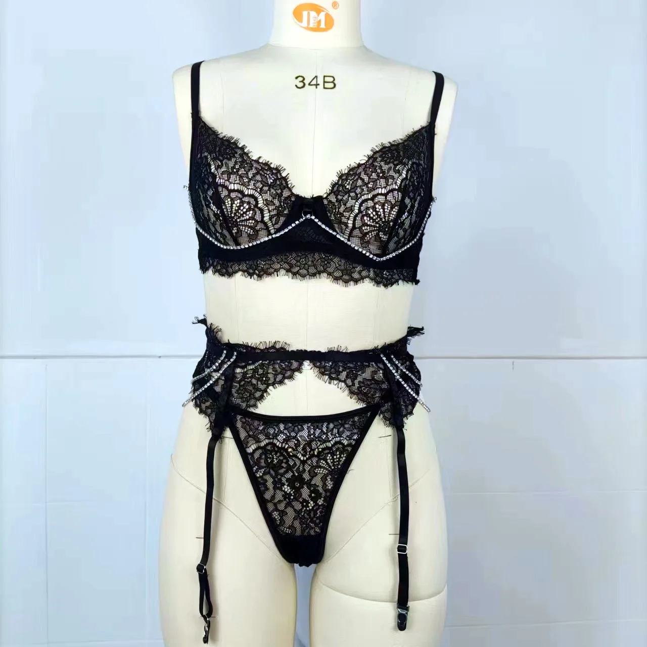 

European and American cross-border new luxury diamond chain black lace bra transparent sexy lingerie set of three pieces female