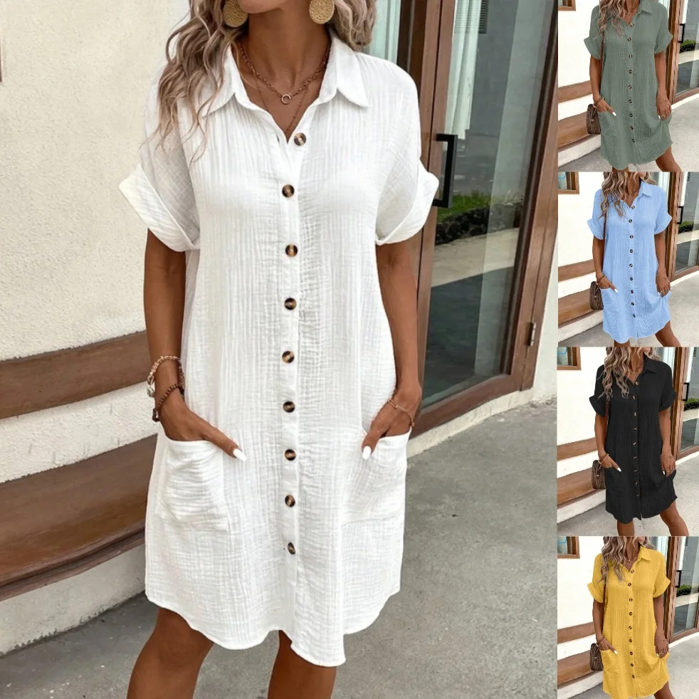 Moda donna estate minimalista scollo a v abbottonatura abito donna cotone lino bianco manica corta tasca Casual abito camicia allentata