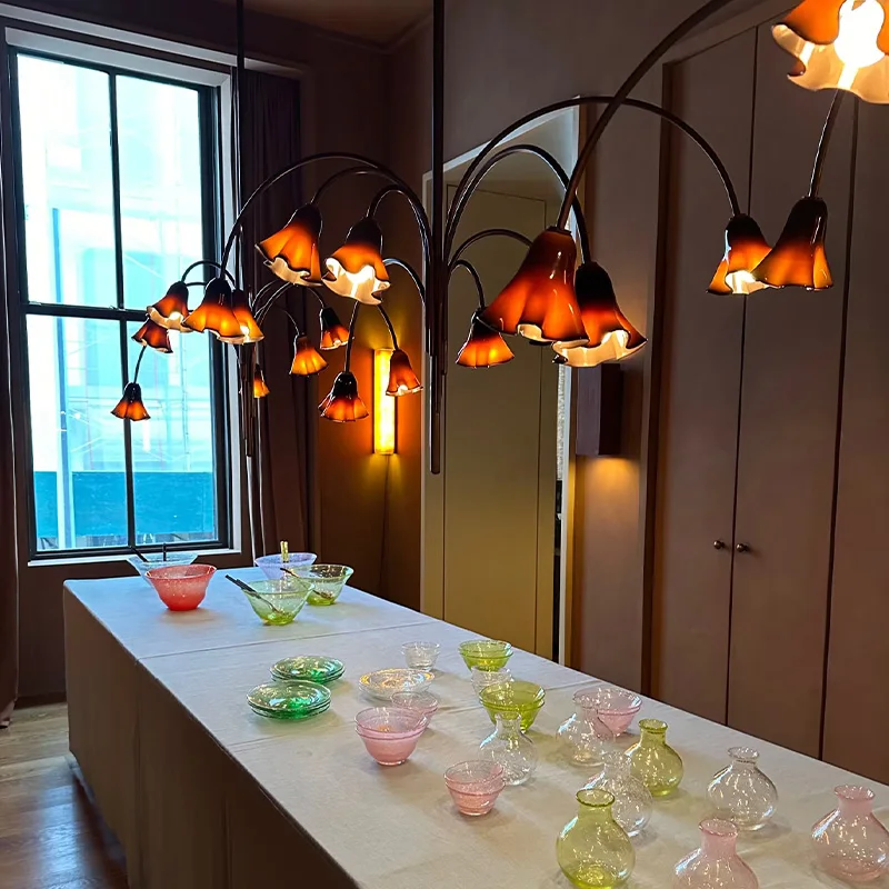 

Nordic Murano Glass Floral Chandelier Metal Brass Nickel Black Finish Dimmable Ceilings Lustre for Bedroom