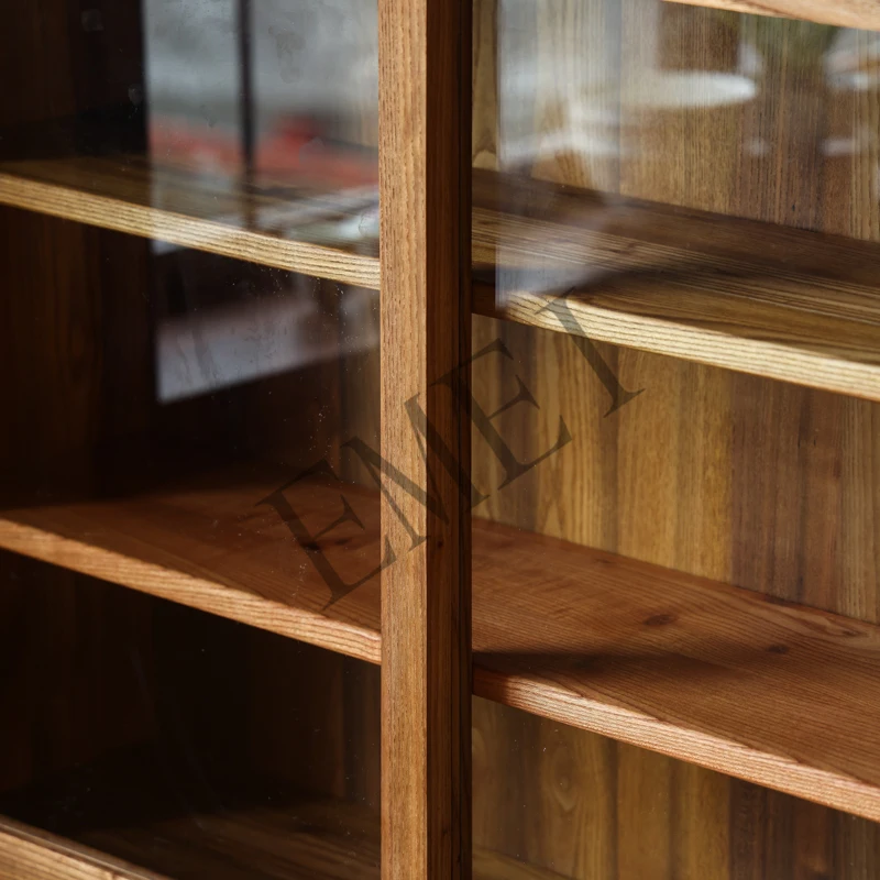 Japanese-Style Simple Solid Wood Large Capacity Storage Cabinet Transparent Glass Sliding Door Storage Display