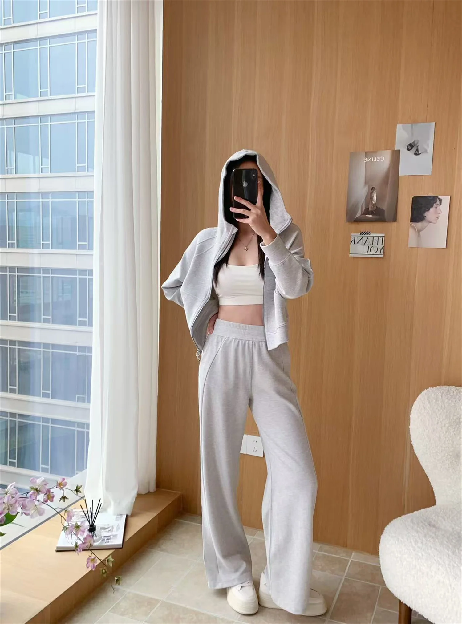 

Спортивный комплект с широкими брюками, визуально удлиняющий ноги, F4 Flipped Devilish Body, повседневный, с капюшоном, длинными рукавами, на молнии, женский