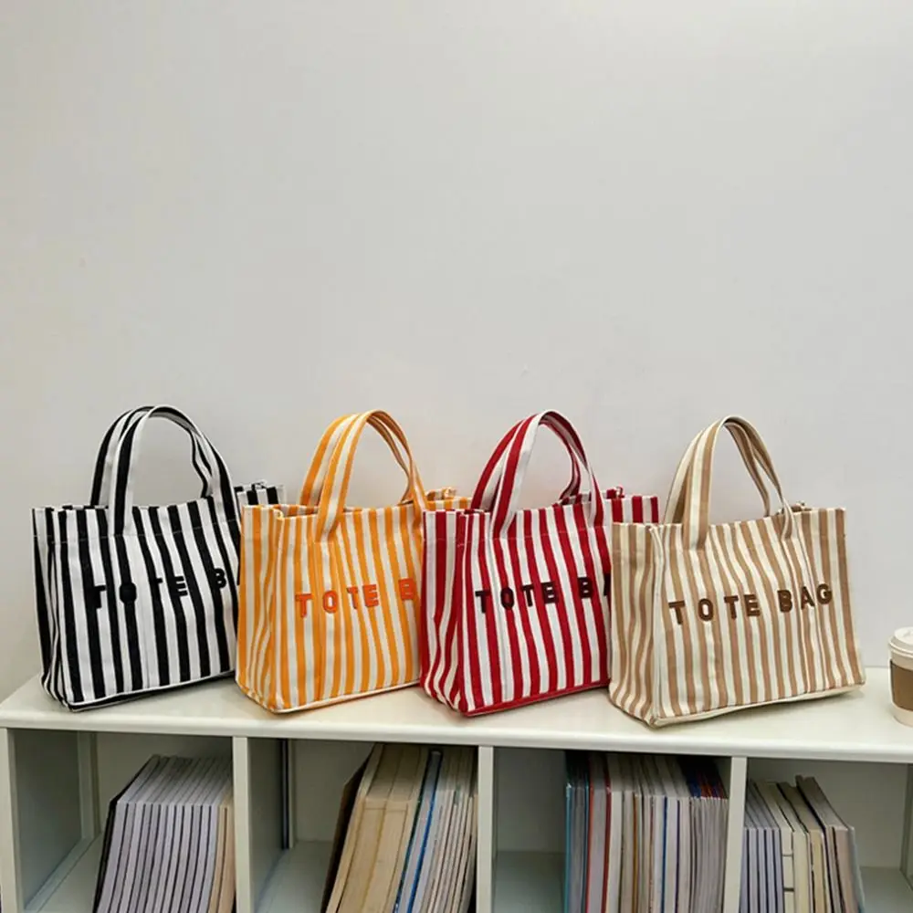 

Portable Large Capacity Striped Canvas Tote Bag Striped Canvas Shoulder Bag Lightweight Magnetic Snap Women's Handbag Fitness