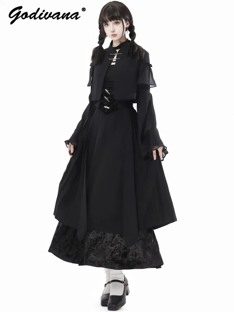 Chinese Style Elegant Retro Fringed Buckle Short Coat Flare Sleeve Shirt Slim Waist Black Long Skirt Women's Skirt Set Outfits