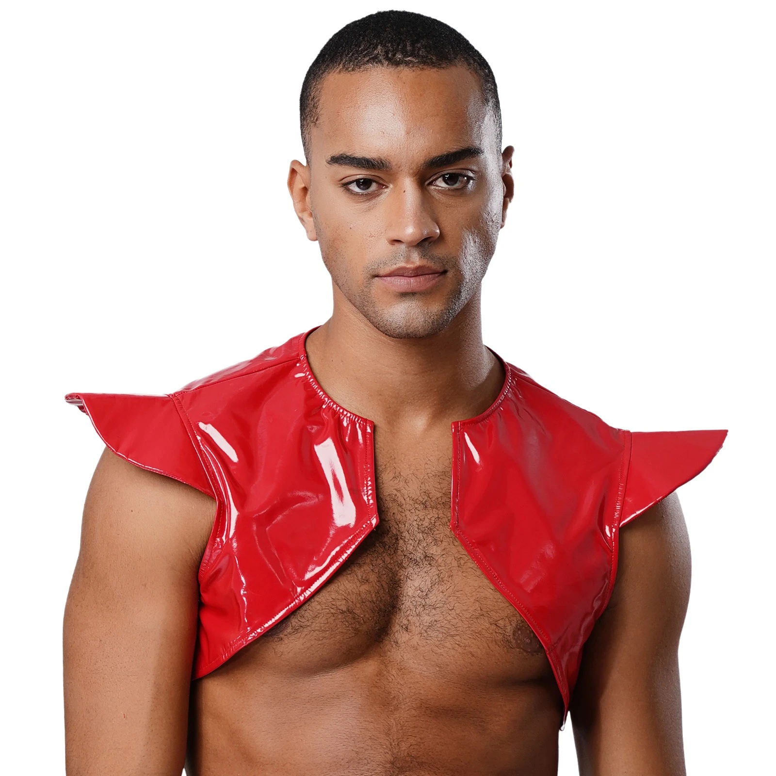 

Мужской лакированный кожаный жилет с короткими рукавами и открытым передом, асимметричный подол, доспехи на плечо для ночного клуба, тематическая вечеринка на Хэллоуин